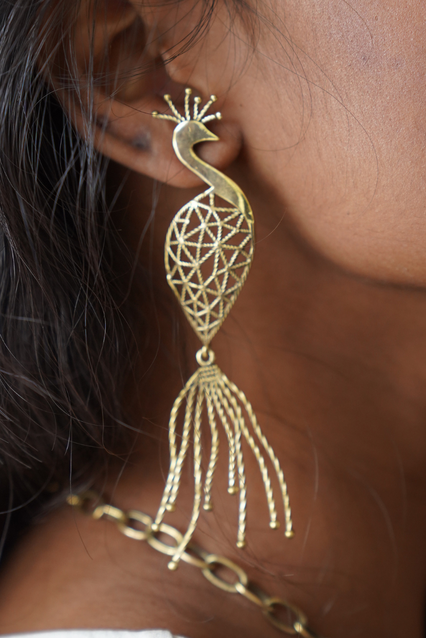 Peacock Lattice Brass Dangle Earrings